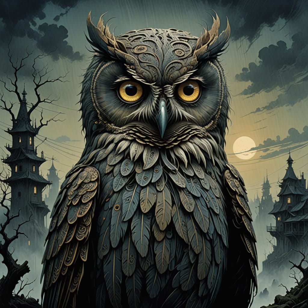 Surreal Owl Thumbs-Up: Dark Whimsy Art