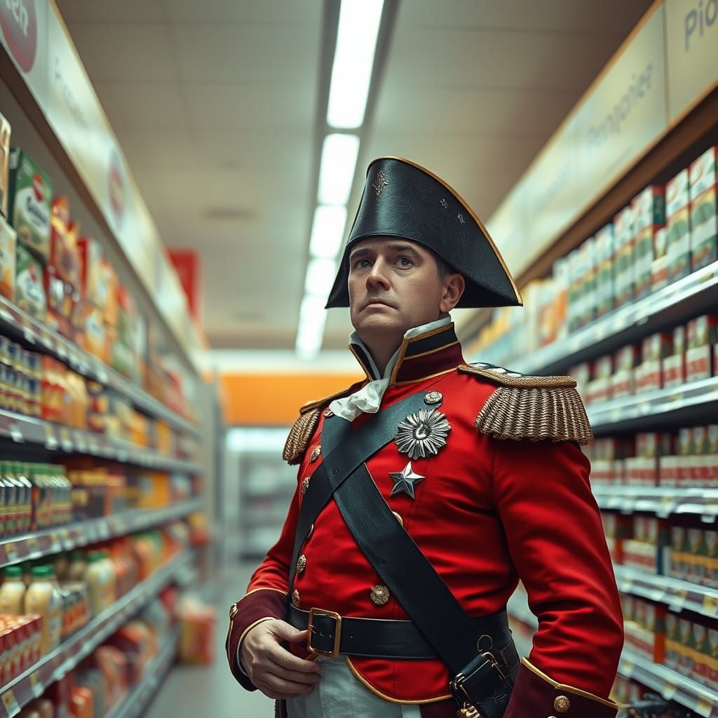 Napoleon's Bewilderment: Hyperrealistic Supermarket Scene