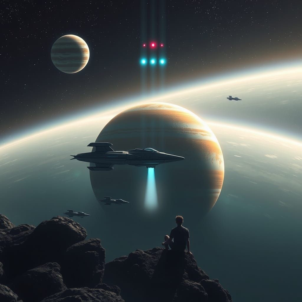 Person on Alien Planet with Spaceships