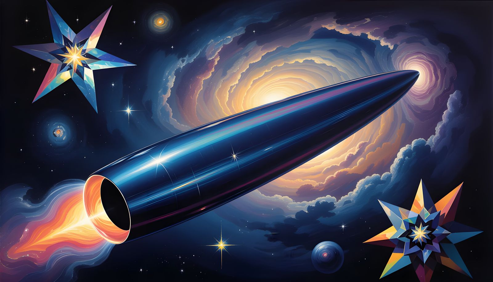 Resplendent Cylinder Races Through Impasto Cosmos