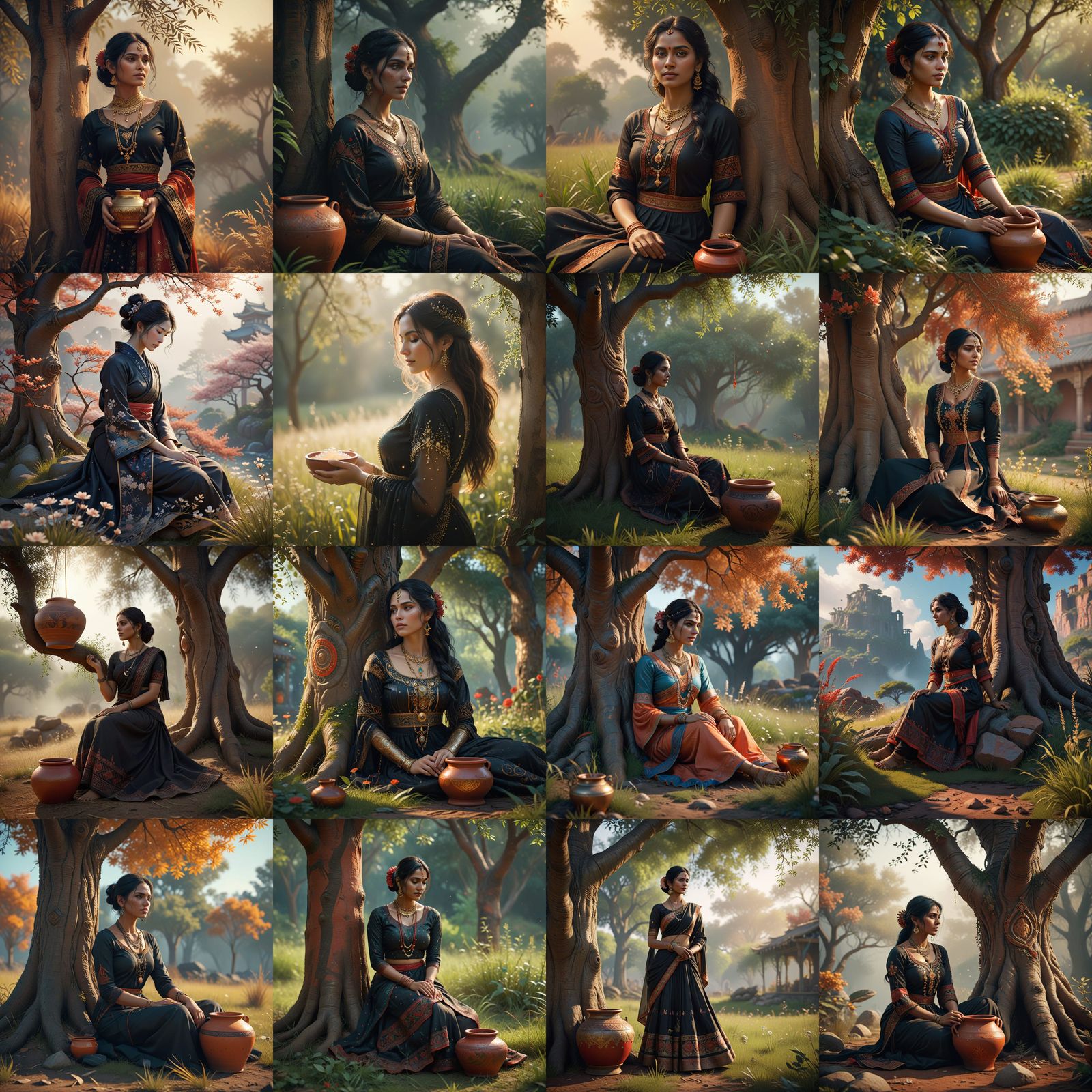 Woman in Vintage Indian Attire Leans on Tree in Serene Lands...