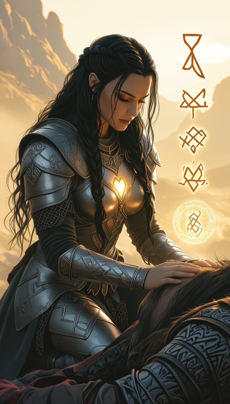 Valkyrie Restores Warrior in Golden Twilight