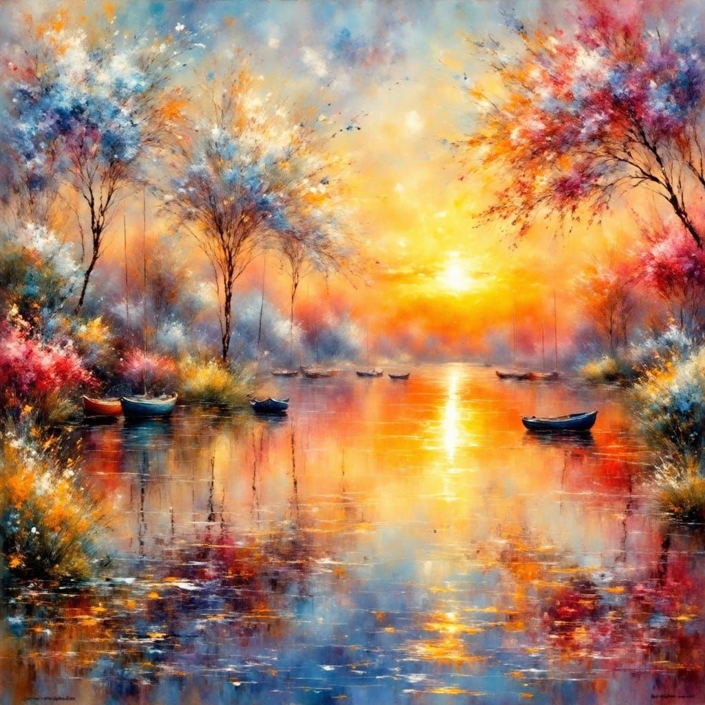 Woman Watching Sunset with Sailboats in Impressionist Style