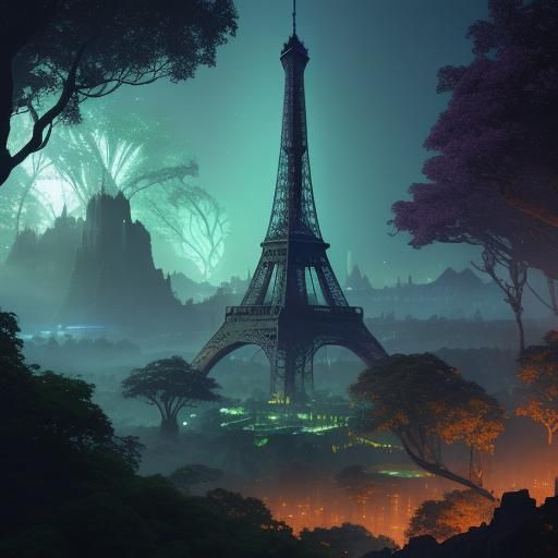 Eiffel Tower Rises from Ancient Mystical Forest
