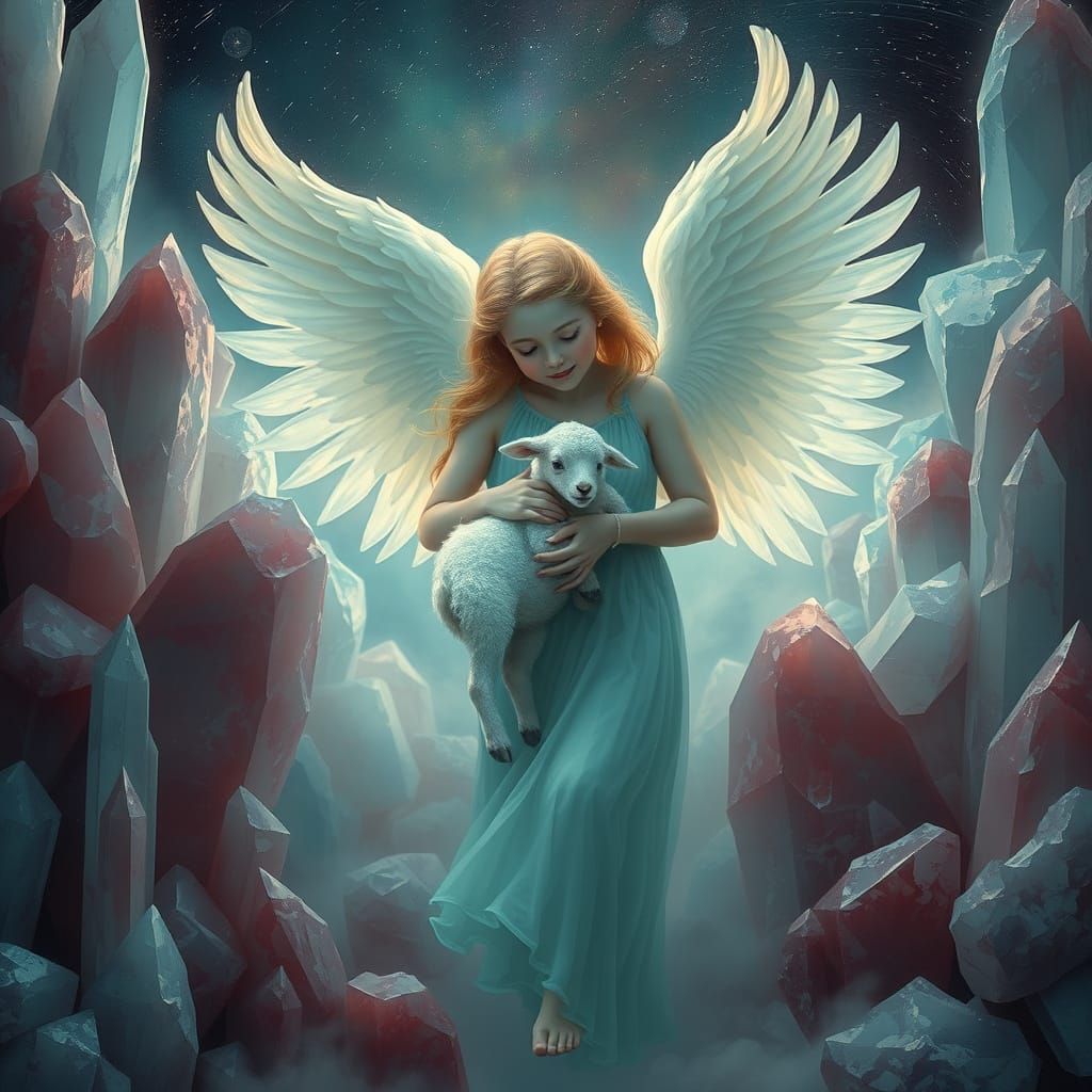 Angel Holding Lamb in Celestial Heaven with Crystal Formatio...