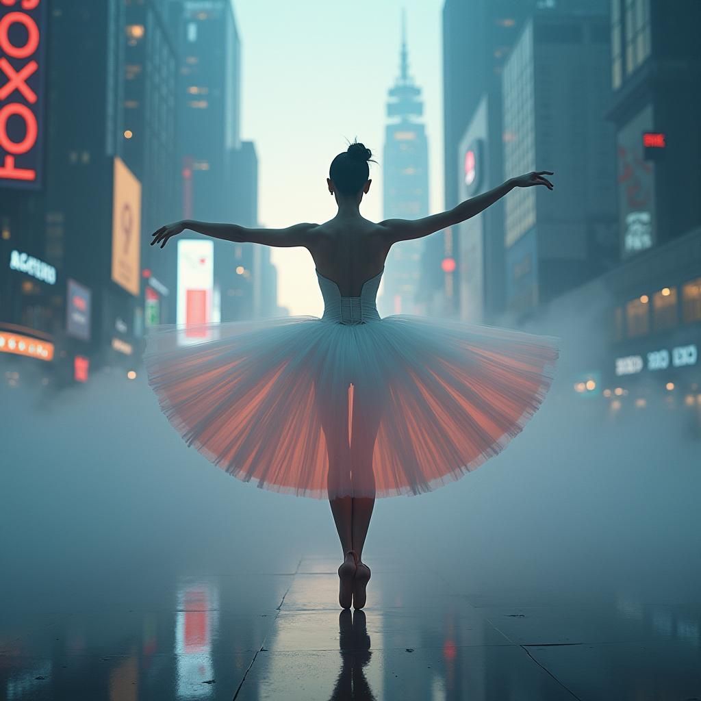 Futuristic Ballerina in Cityscape at Dusk
