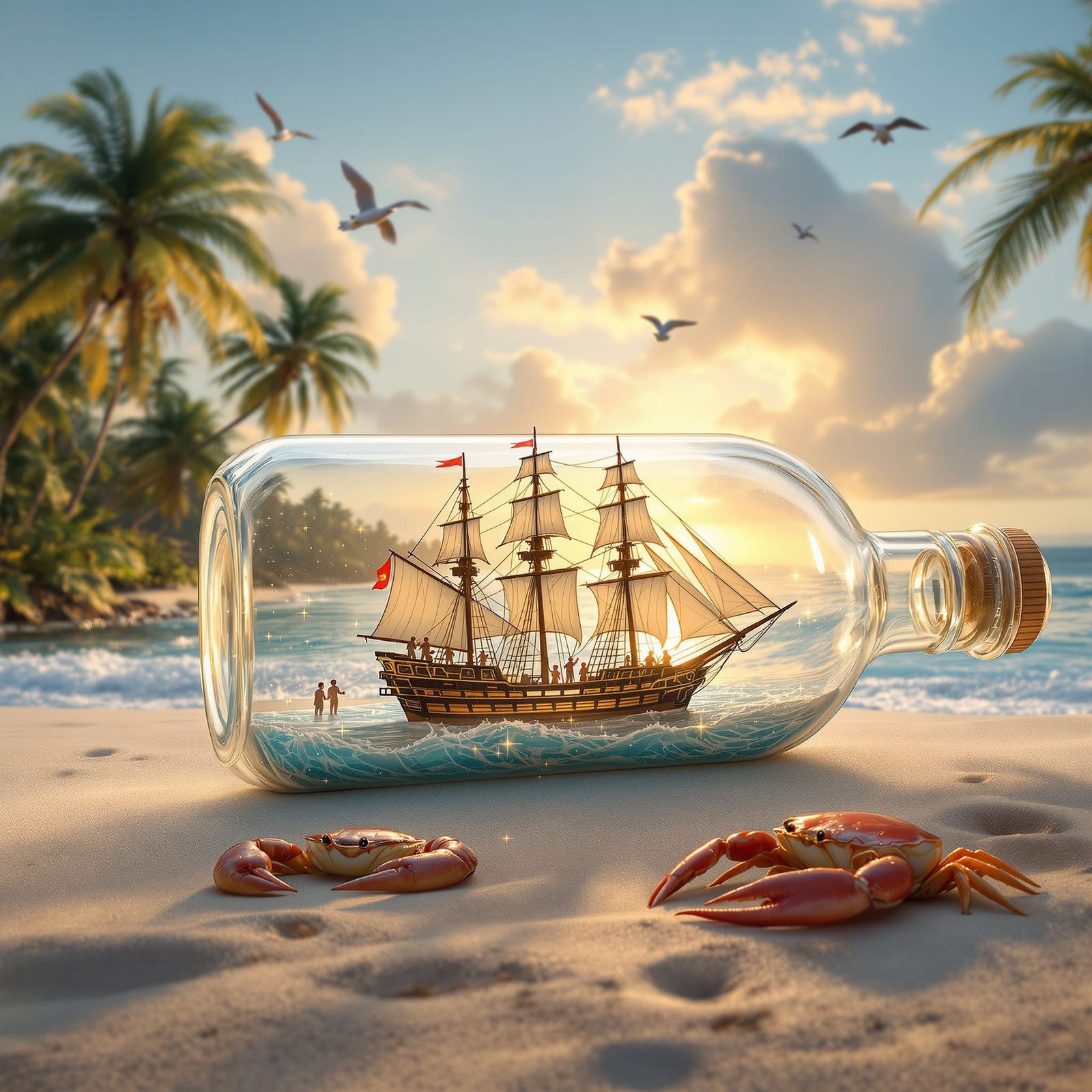 Tropical Beach Scene with Ship in a Bottle