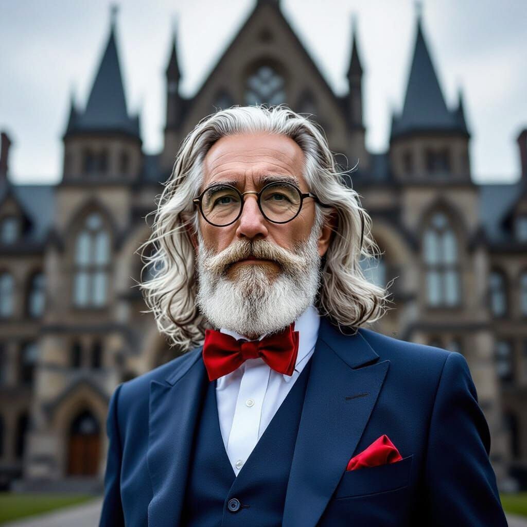 Elderly Man in Blue Suit Before Gothic Courthouse