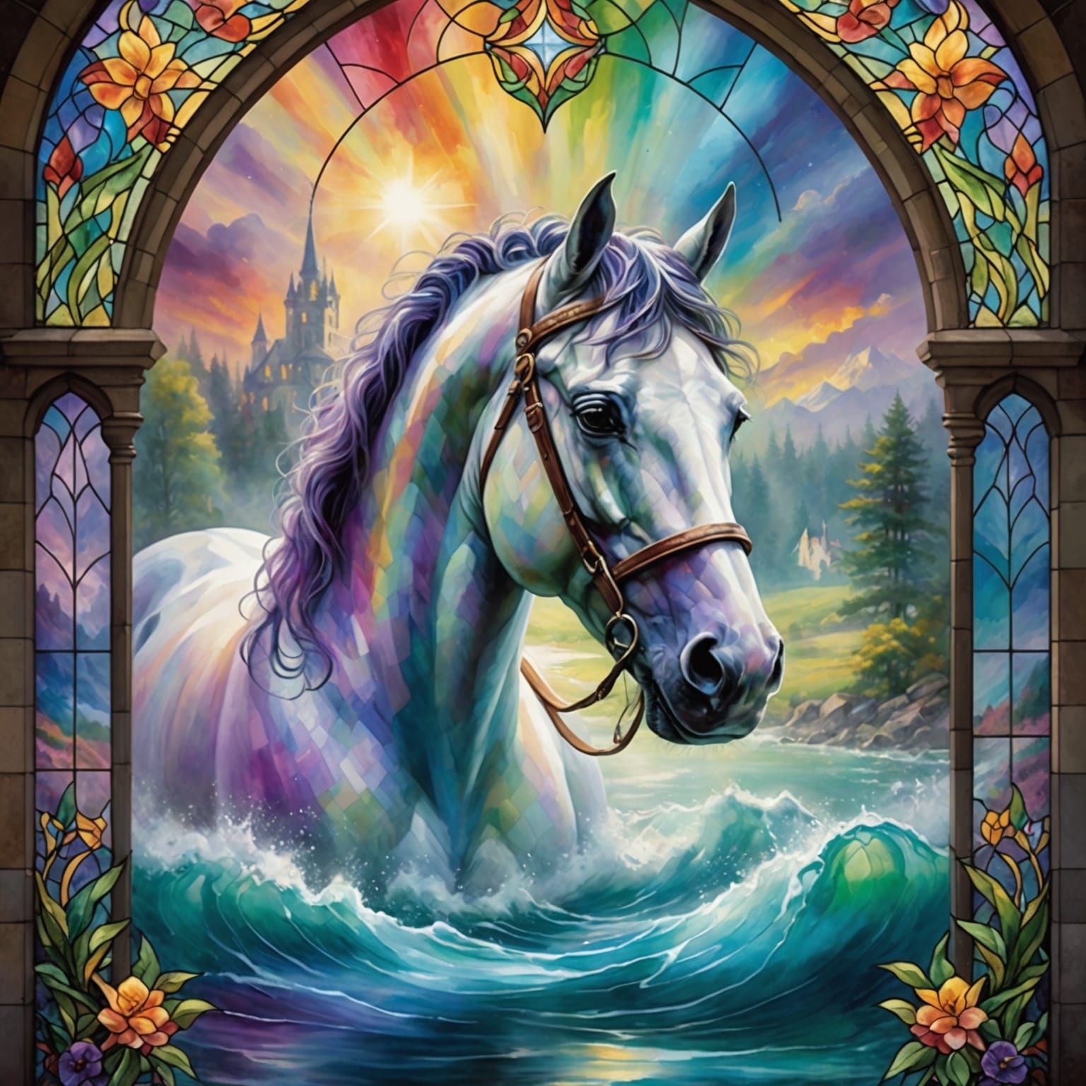 Rainbow Horse Stained Glass Window in Watercolor