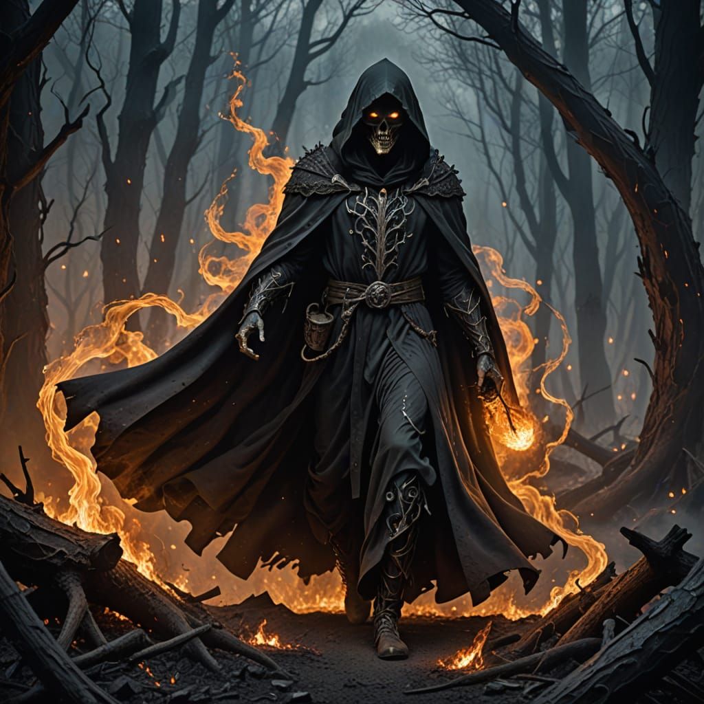 Smoldering Lich Sorcerer Rising from Enchanted Ashes