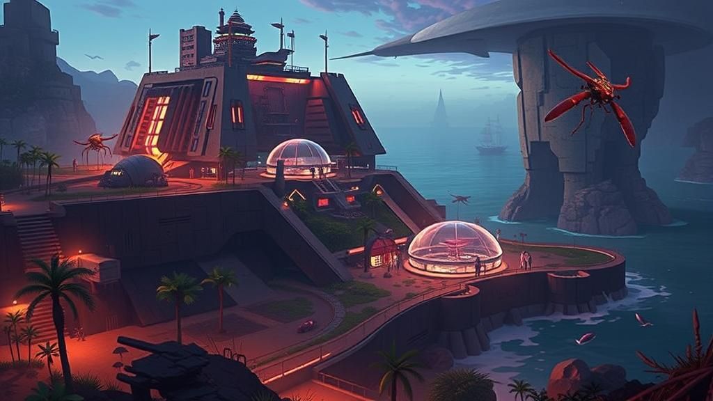 Futuristic Fortress Complex on Tropical Shoreline