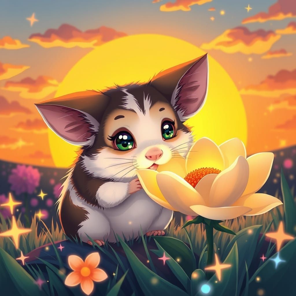 Cute Magical Hamster with Elf Ears and Glowing Flower