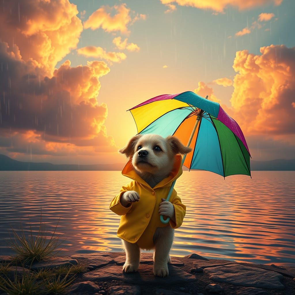Whimsical Dog Watches Rainbow Rain Under Sunset Glow