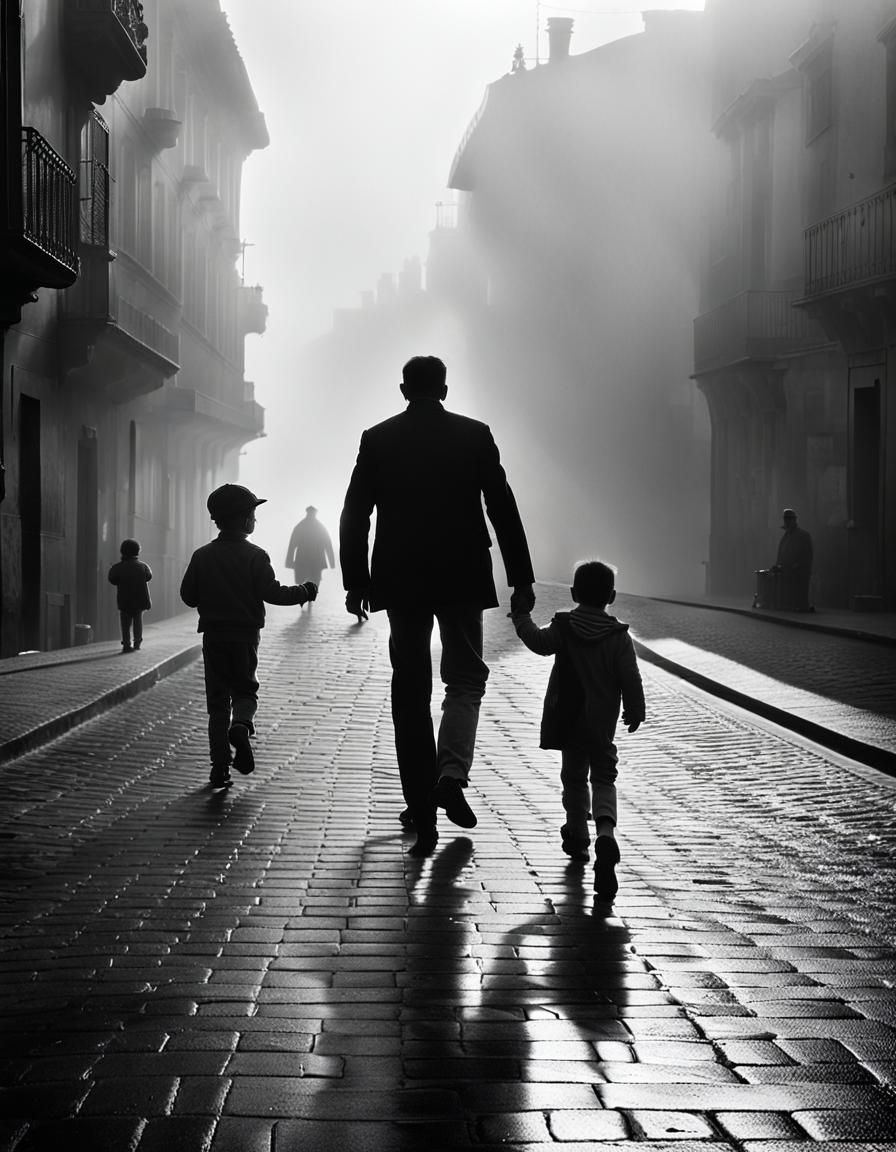 Father and Child in Fog, Vintage Black and White Photography