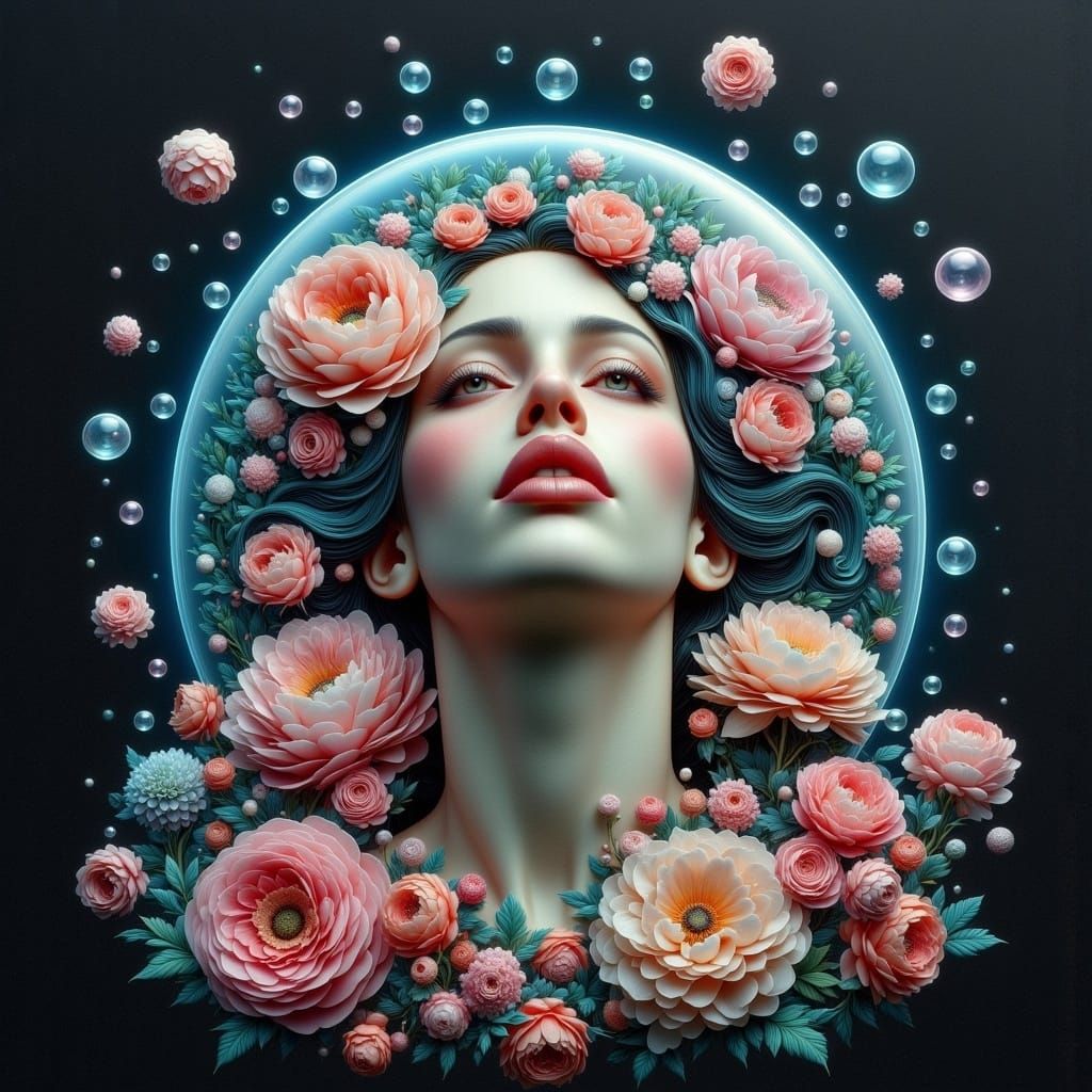 Elegant Woman in Floral Bubble, Chalk Art