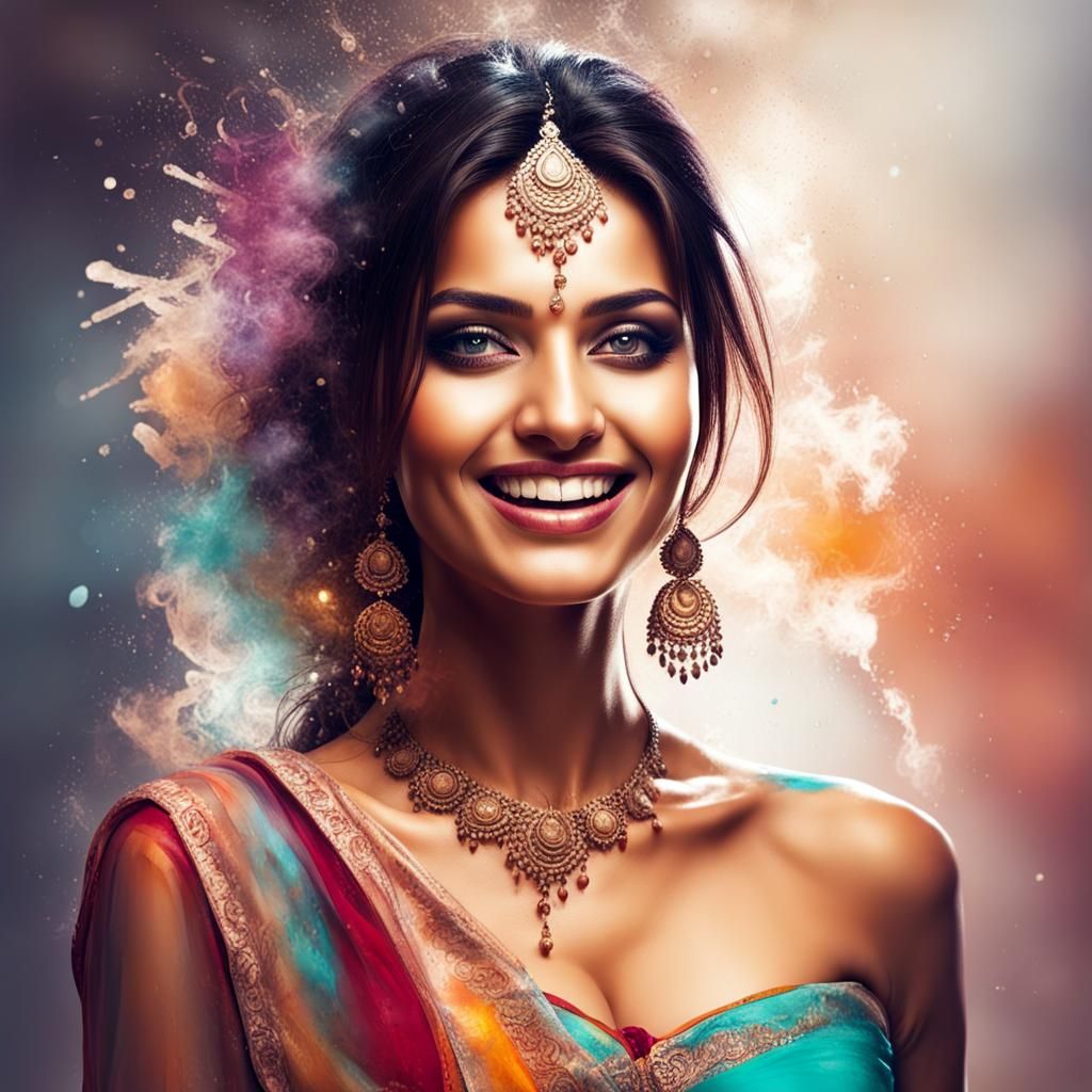 Smiling Indian Woman: Splash Art Portrait