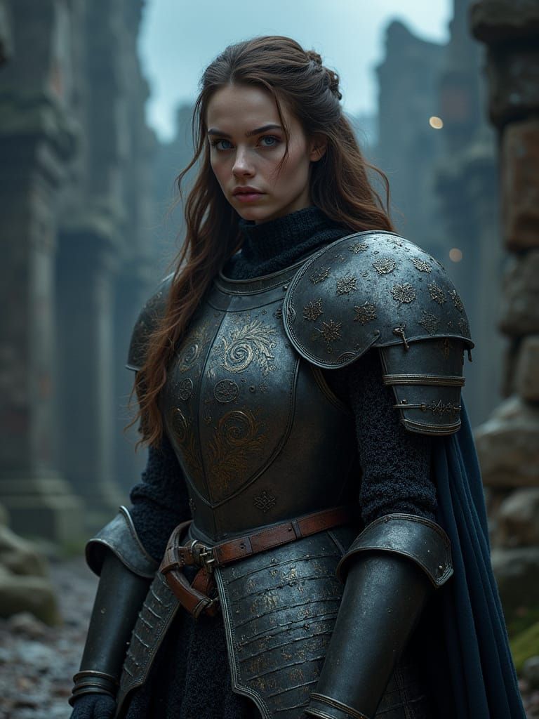 Mysterious Female Knight in Ancient Armor Under Stormy Skies