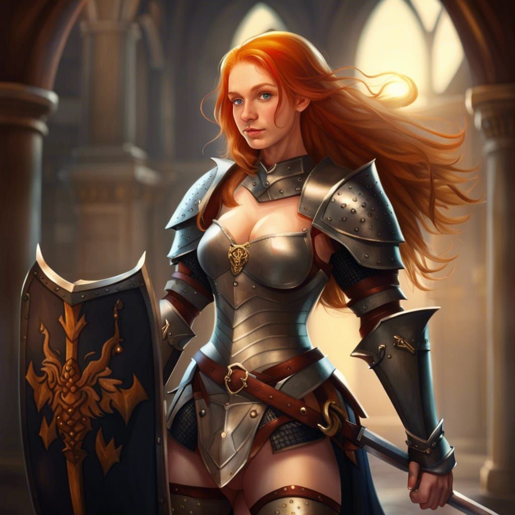 Medieval Warrior Girl in Armor with Dragon