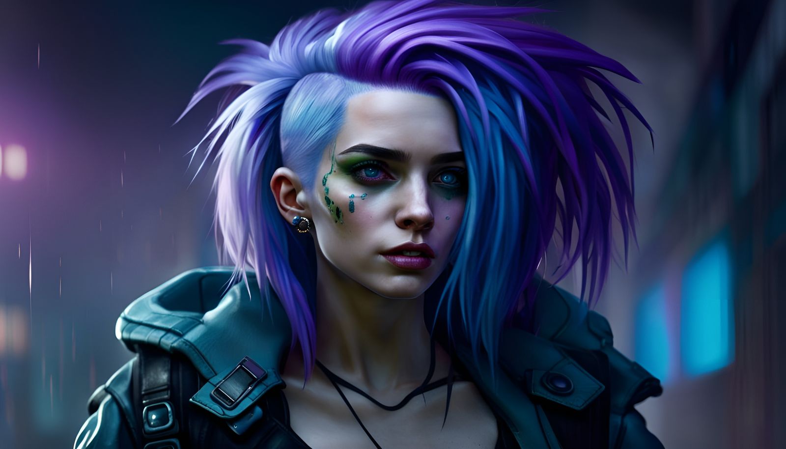 Cyberpunk Woman with Purple Hair in Dystopian Setting