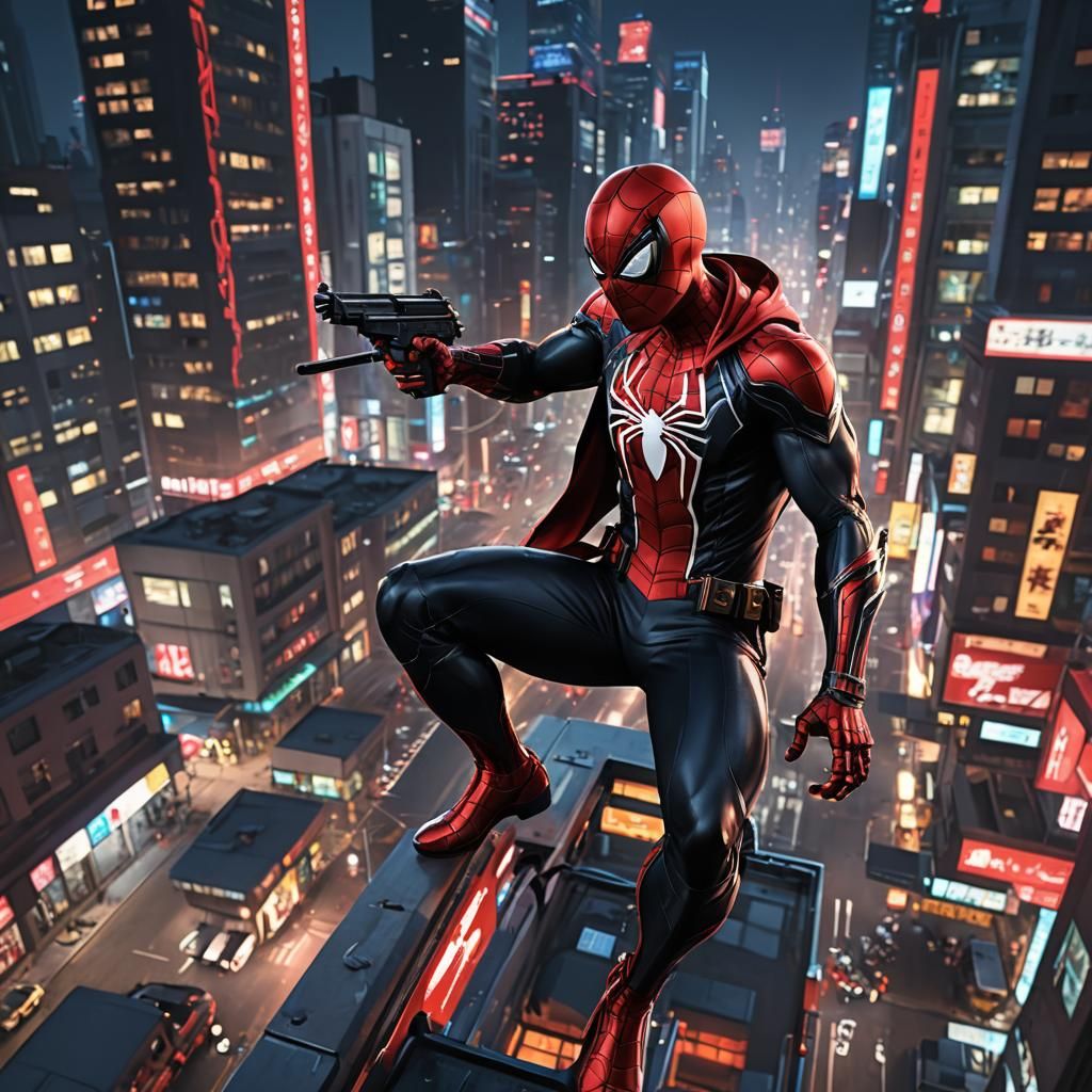 Spiderman Rides Through Cyberpunk City at Night