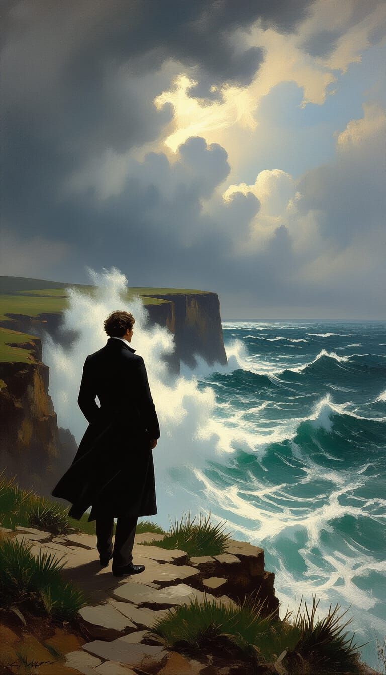 Gentleman on Windswept Cliff Overlooking Stormy Sea