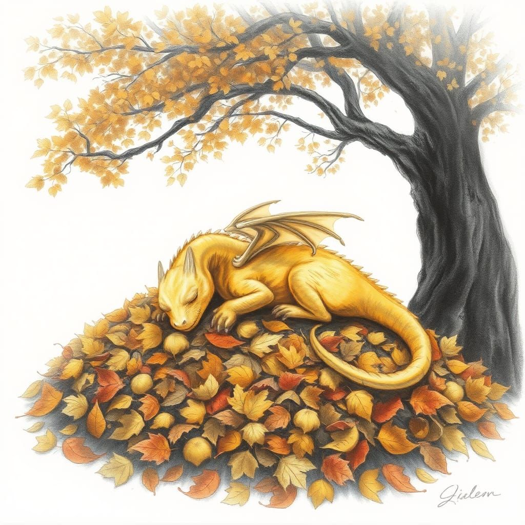 Chalk Dragon Asleep on Autumn Leaves