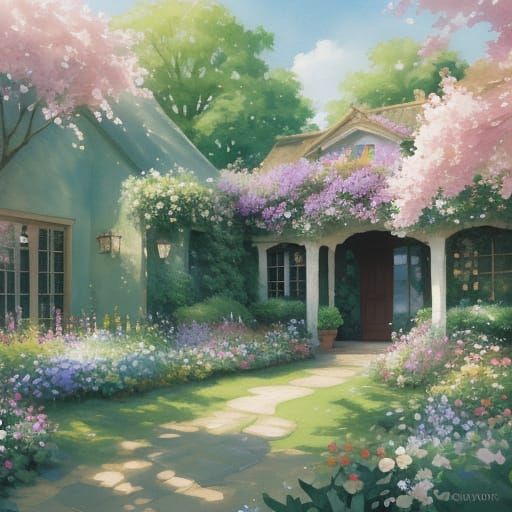 Idyllic Impressionist Garden Scene in Whimsical Watercolor