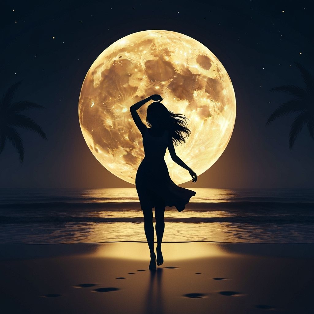 Elegant Night Beach Scene with Dancing Woman in Digital Art