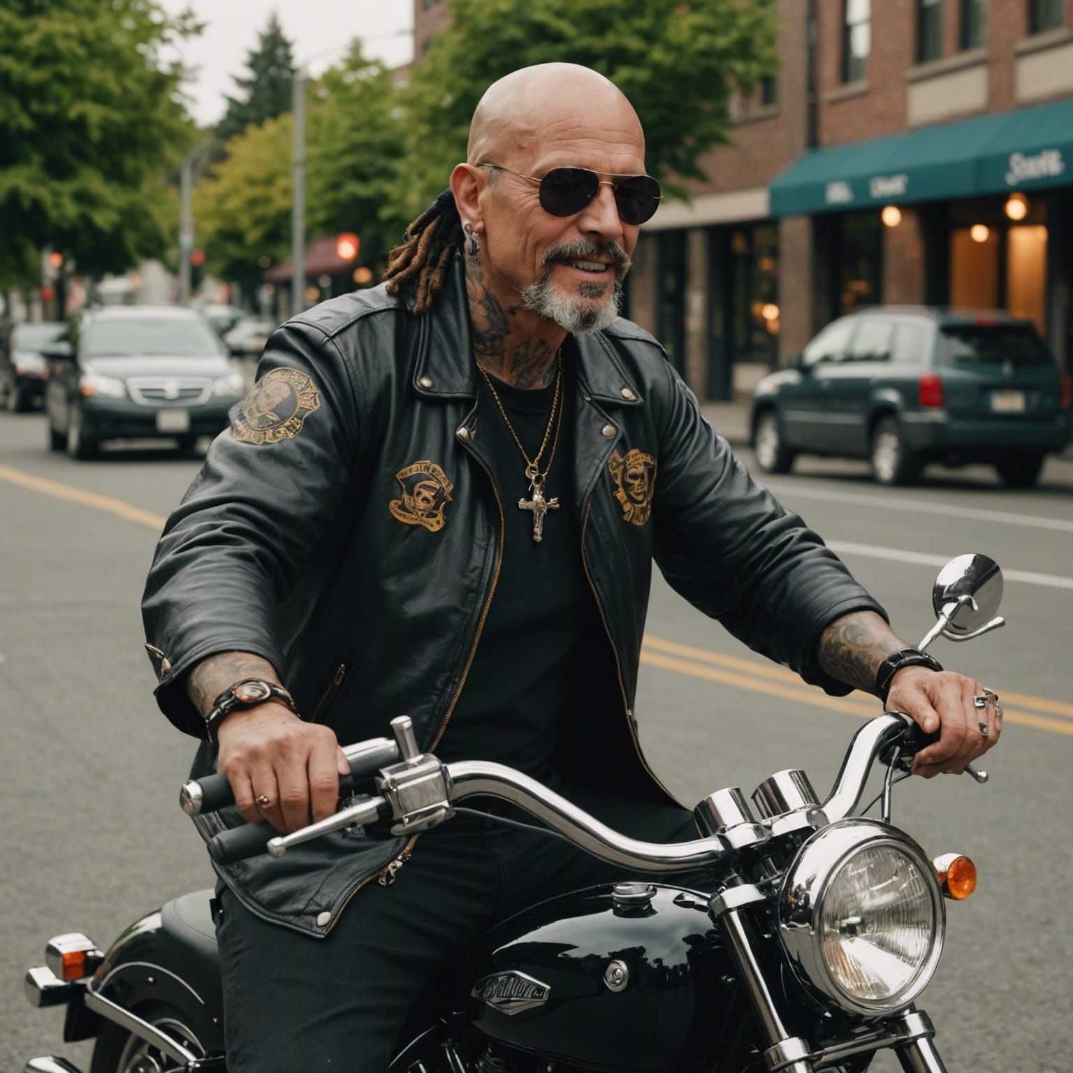 Pirate on Motorcycle in Seattle: Realistic Cinematic Still