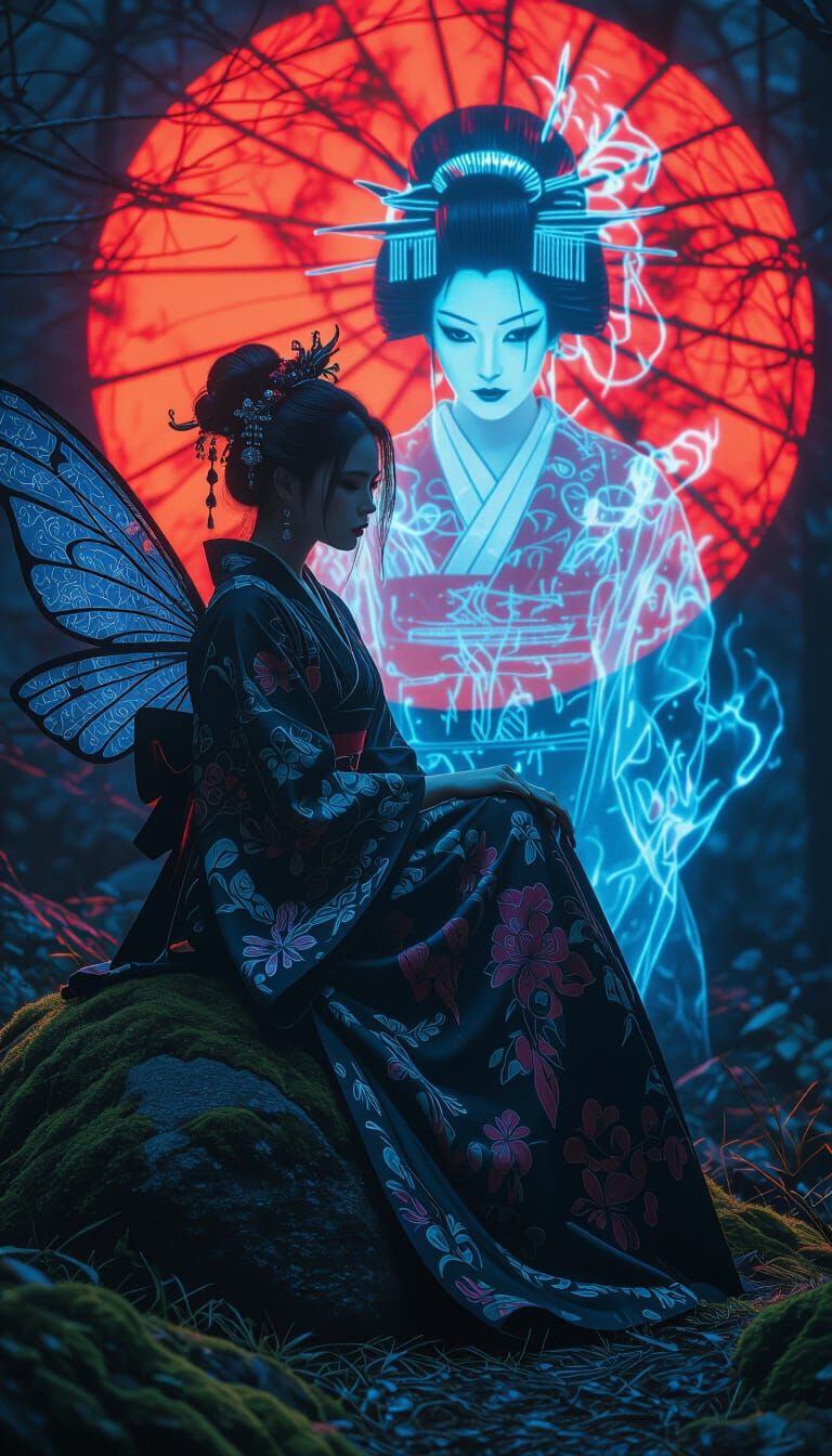 Fairy and Demon Geisha in Mystical Forest