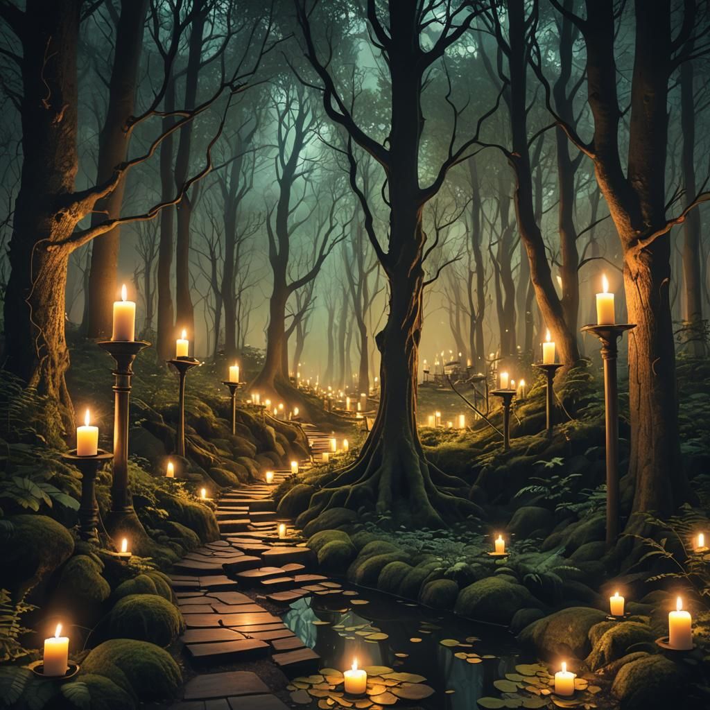 Candlelit Path Through a Mystical Forest