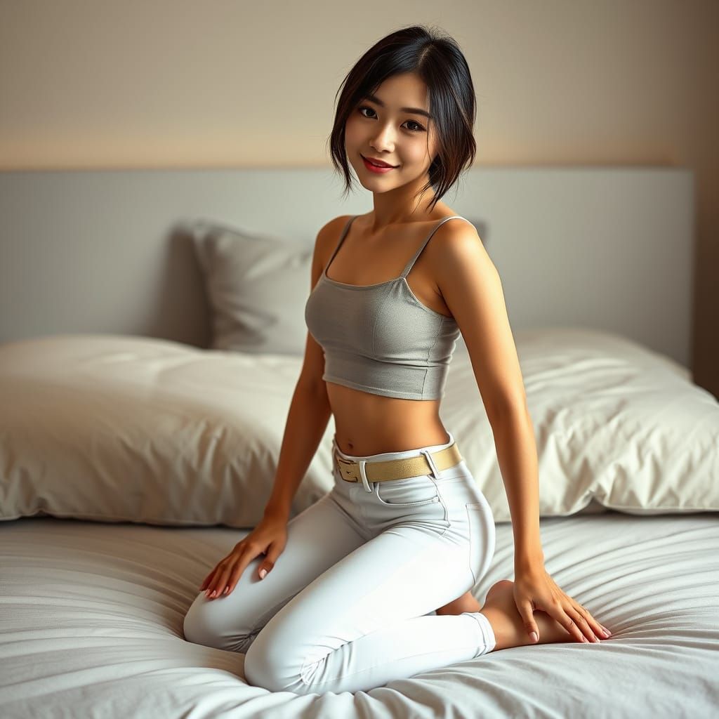 Hyper-Realistic Portrait of Confident Japanese Woman on Bed