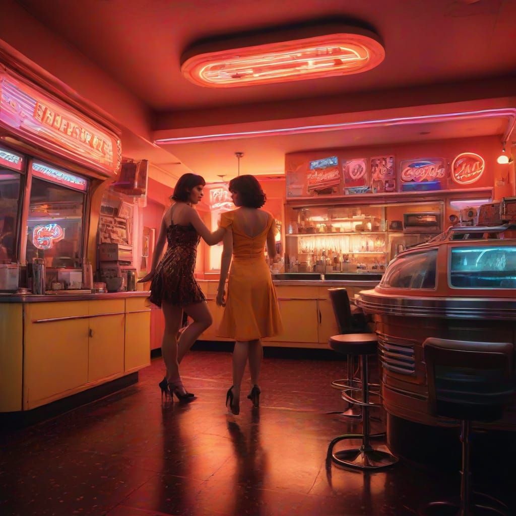 Energetic Dancers in Retro-Futuristic Diner Scene