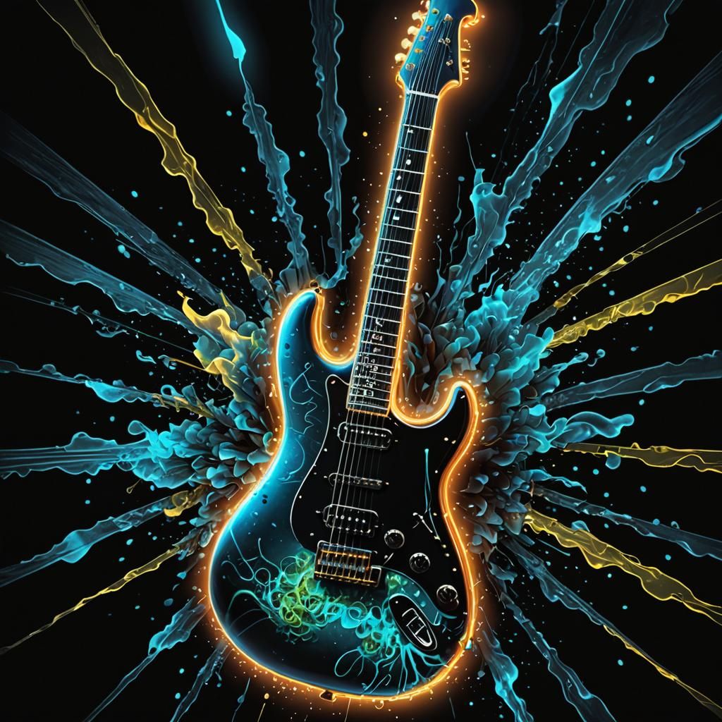 Neon Electric Guitar with Bioluminescent Notes