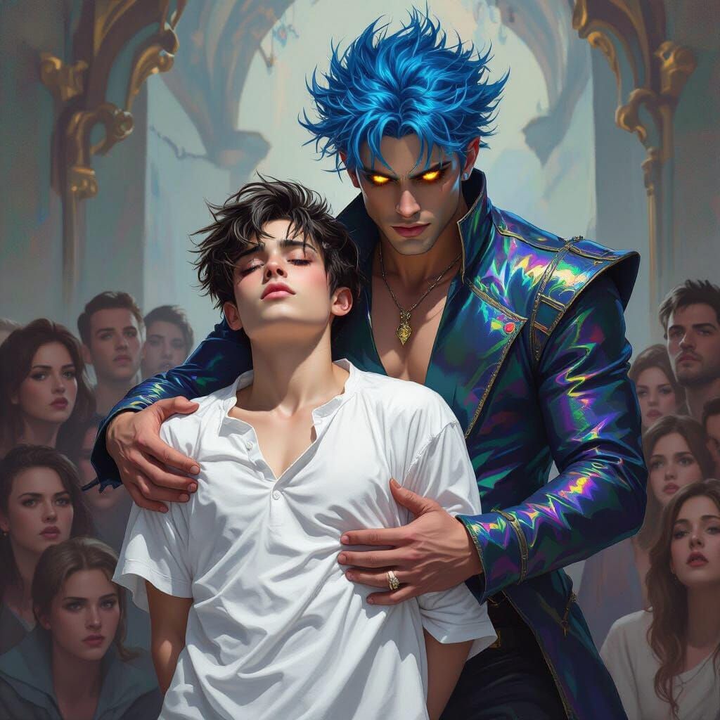 Youth Slumps Against Energetic Figure with Blue Hair