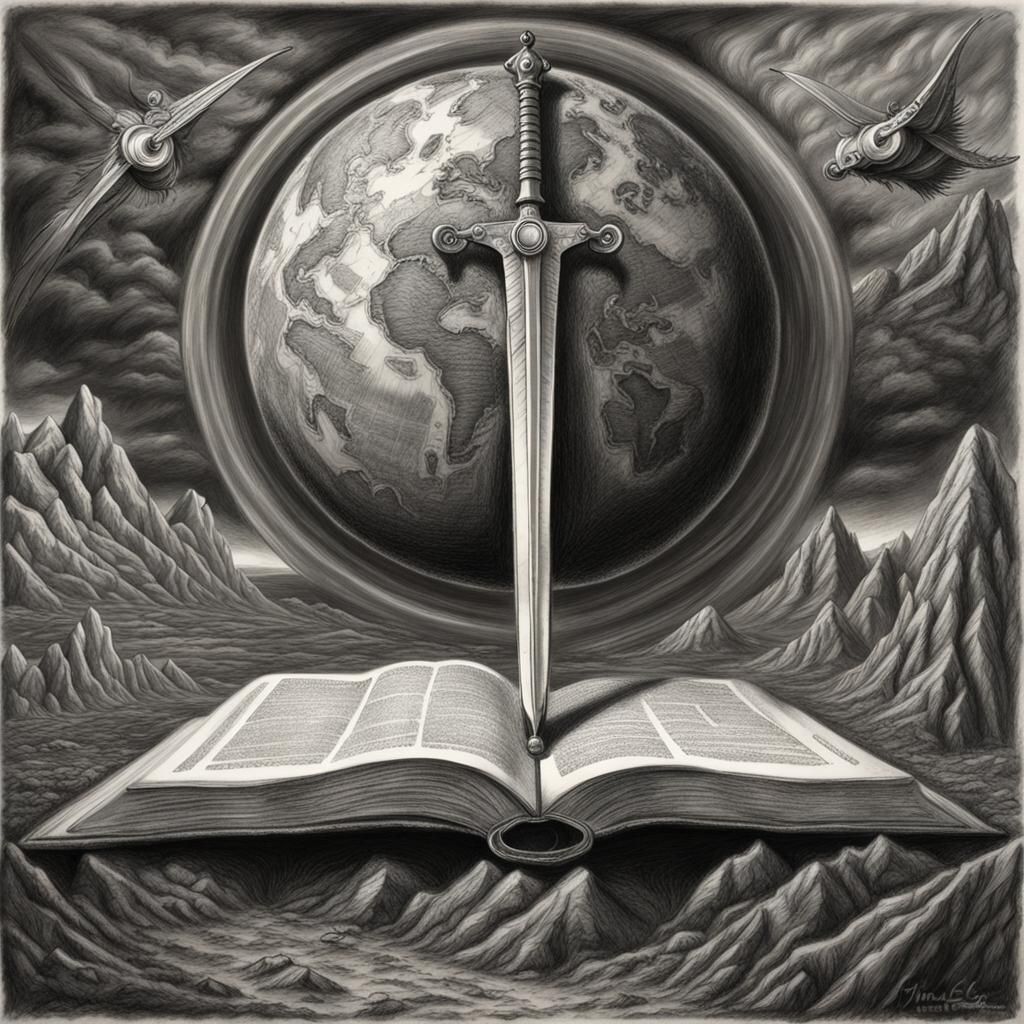 Hyperdetailed Charcoal Drawing of Bible, Sword, Earth