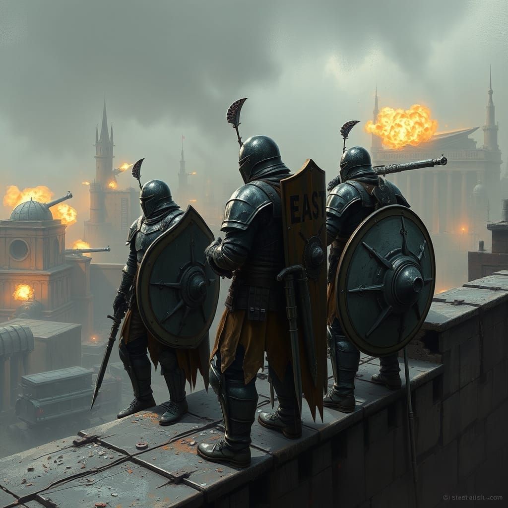 Dystopian Warriors Repair City Shields Under Cannon Fire