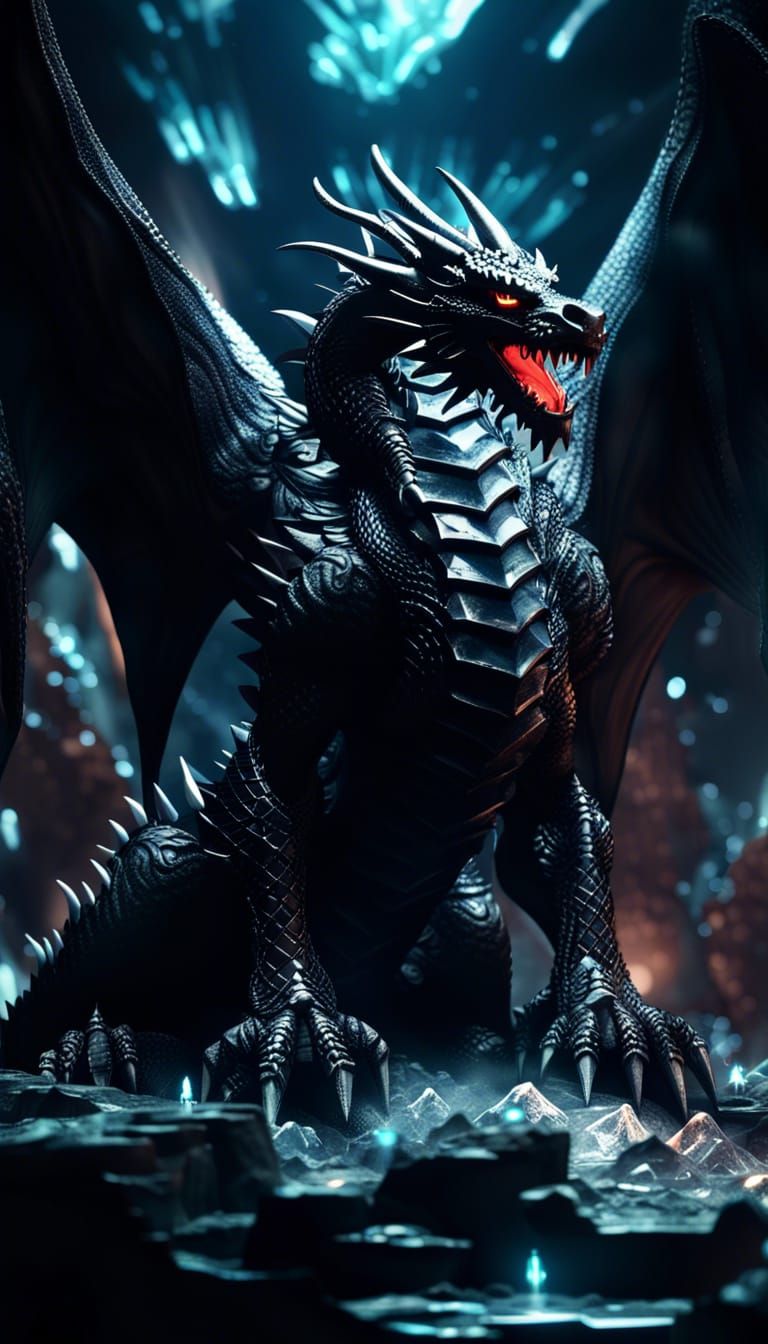 Black Dragon God in Crystal Cavern: Cell Shaded 3D Render