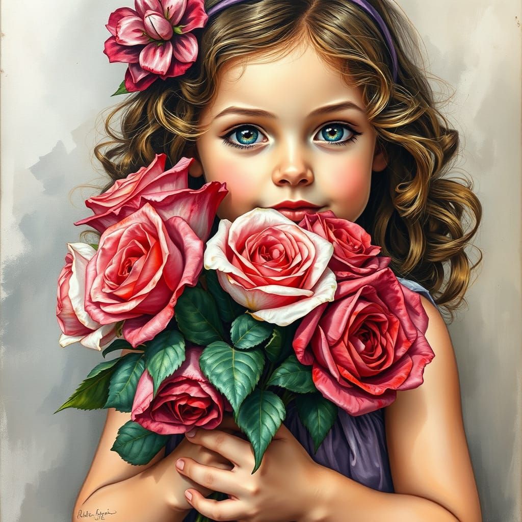 Girl with Roses: An Impressionist Gouache and Charcoal Art