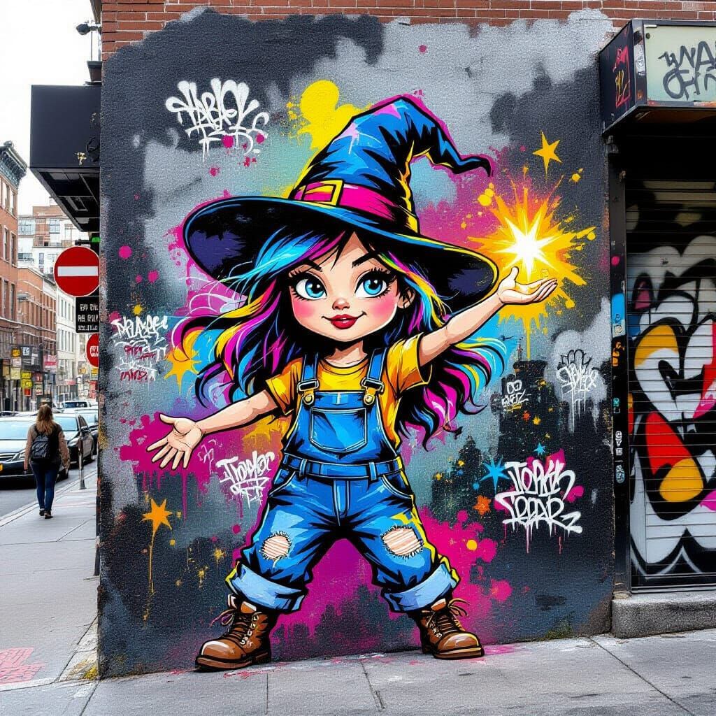 Whimsical Witch Street Art Mural with Spray-Painted Hair