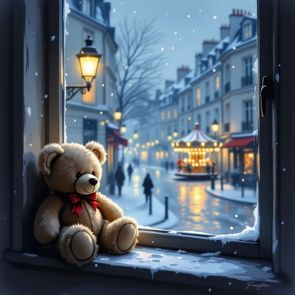 Worn Teddy Bear on Parisian Windowsill, Folk Art Style