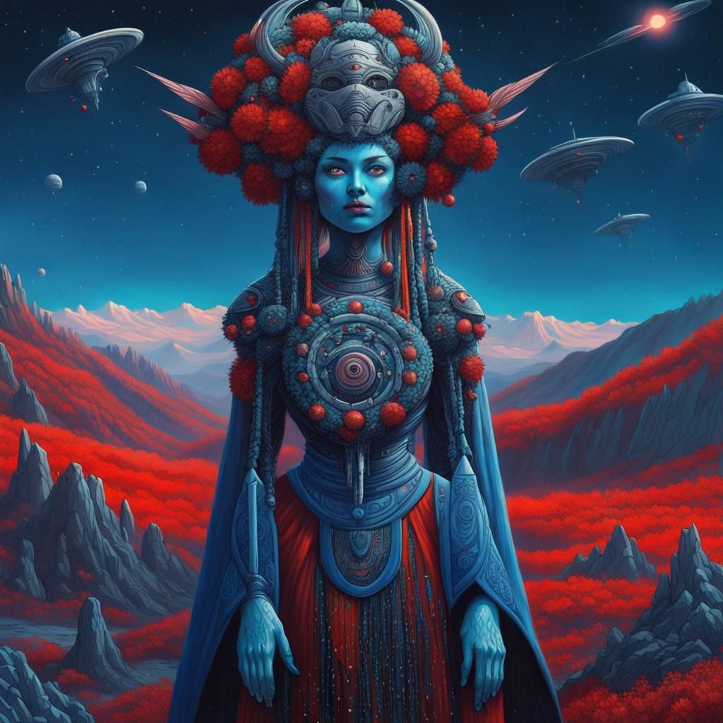 Blue Alien Women in Ukrainian Dress, Digital Painting
