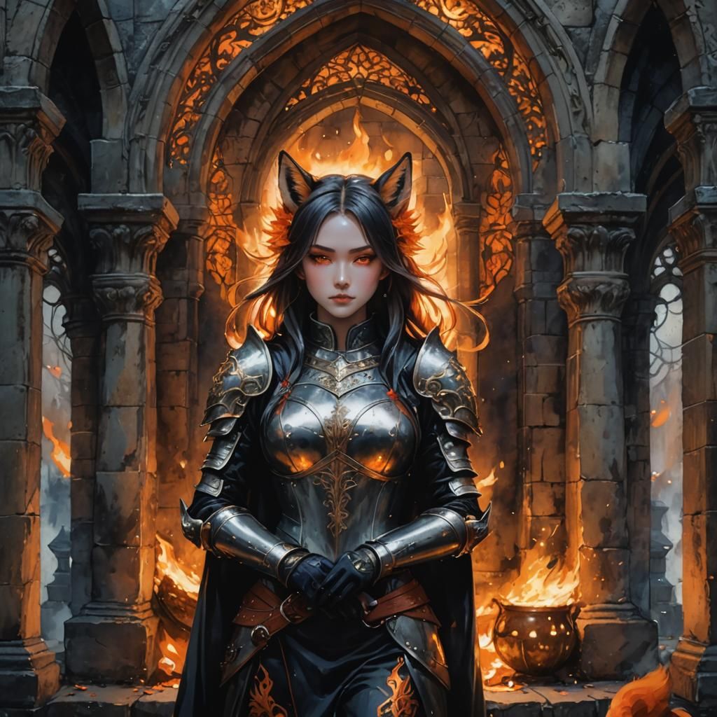 Fiery Anime Gothic Girl in Watercolor Style