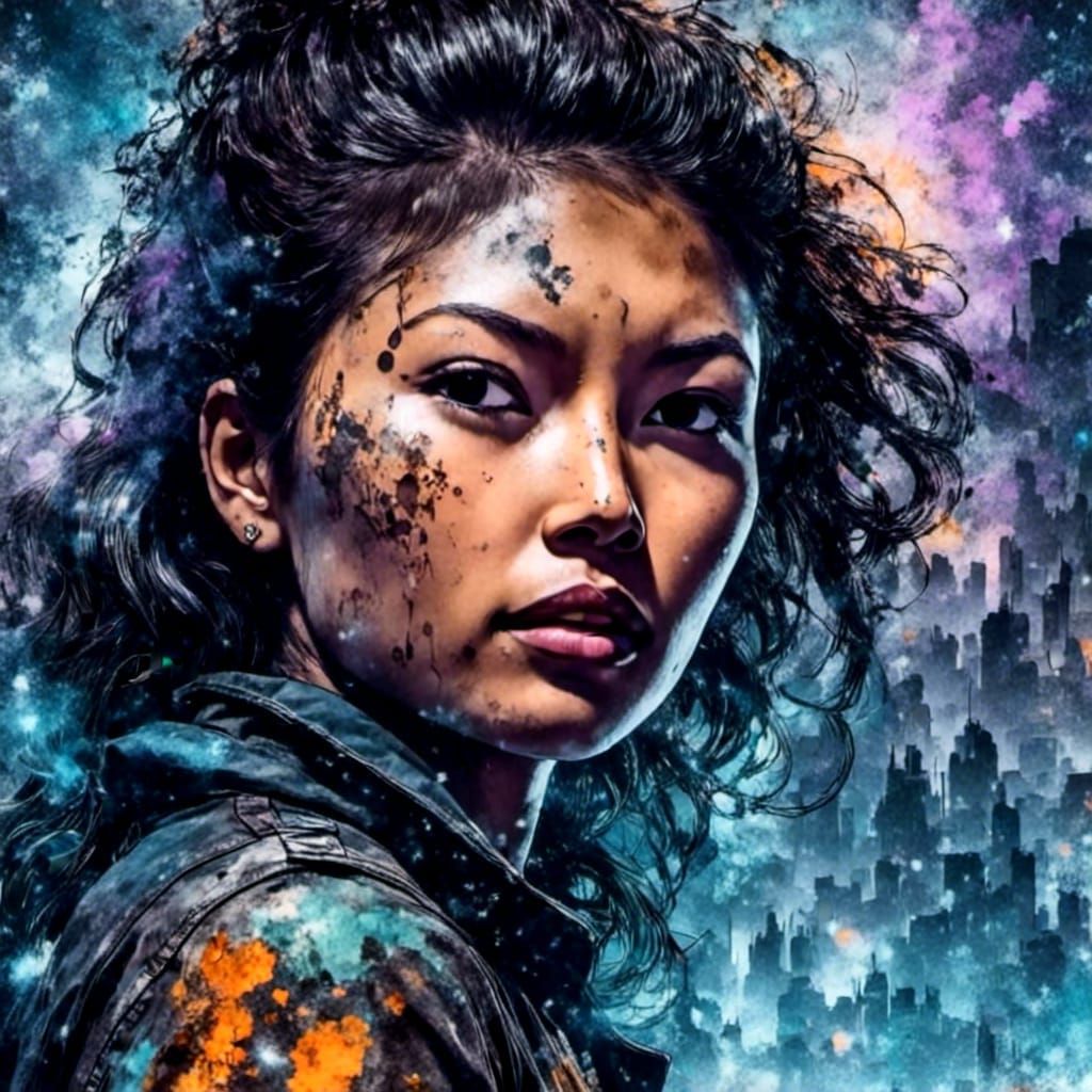 Futuristic French Woman Portrait in Noir Oil Painting