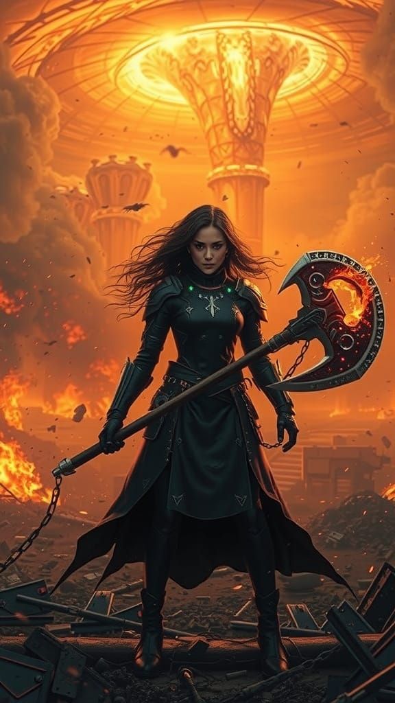 Gothic Warrior Defies Apocalypse in Cyberpunk Landscape