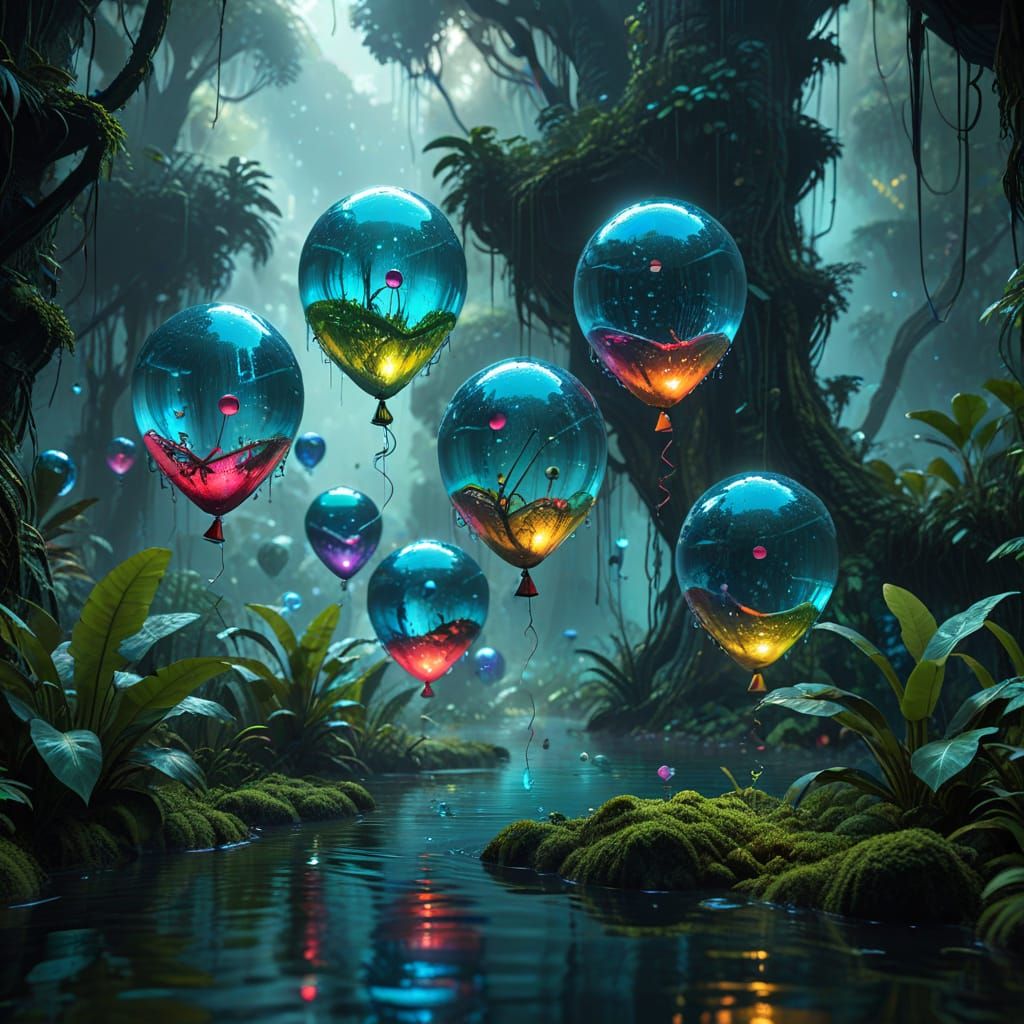 Water Droplet Balloons Reflect Bioluminescent Rainforest