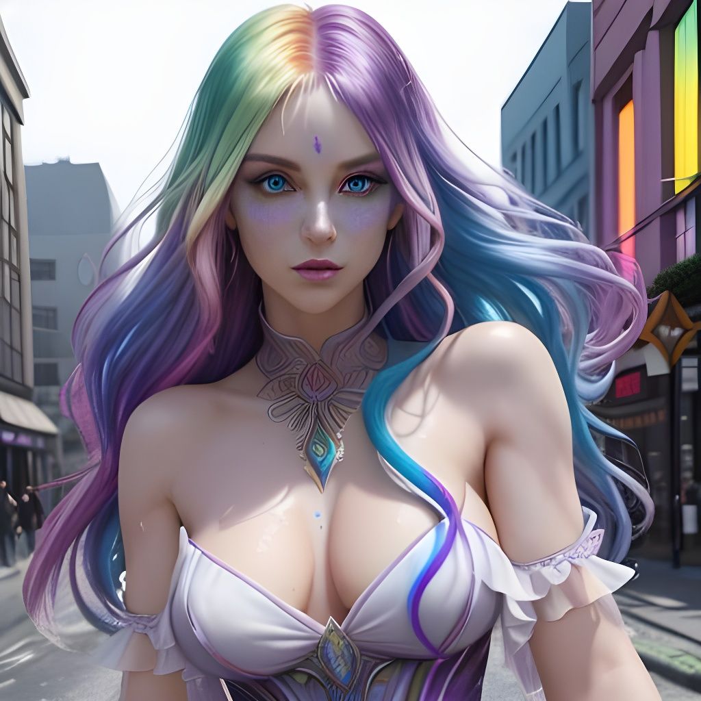 Rainbow Goddess in City Street, Digital Art
