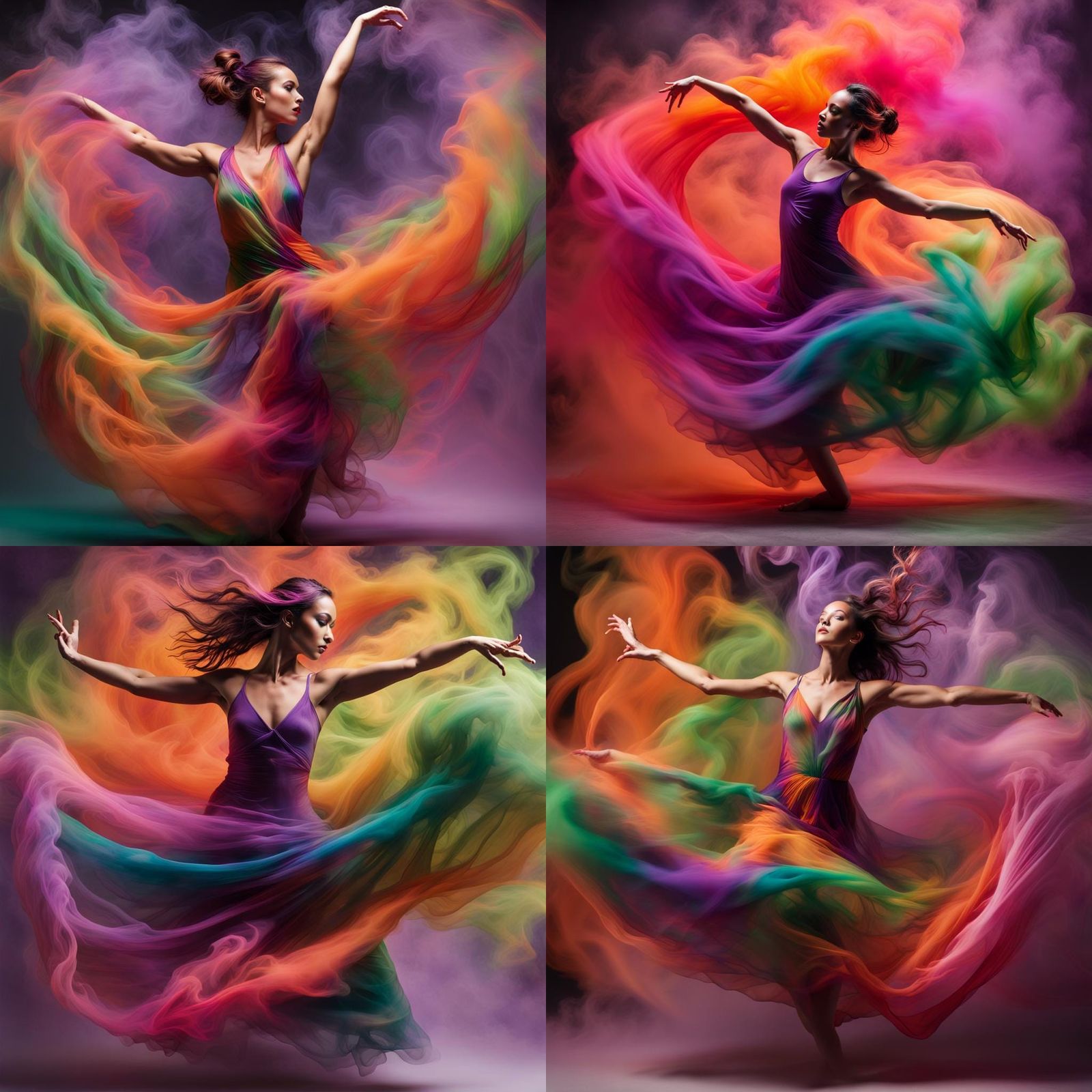 Woman Dancing in Colorful Smoke Fabric