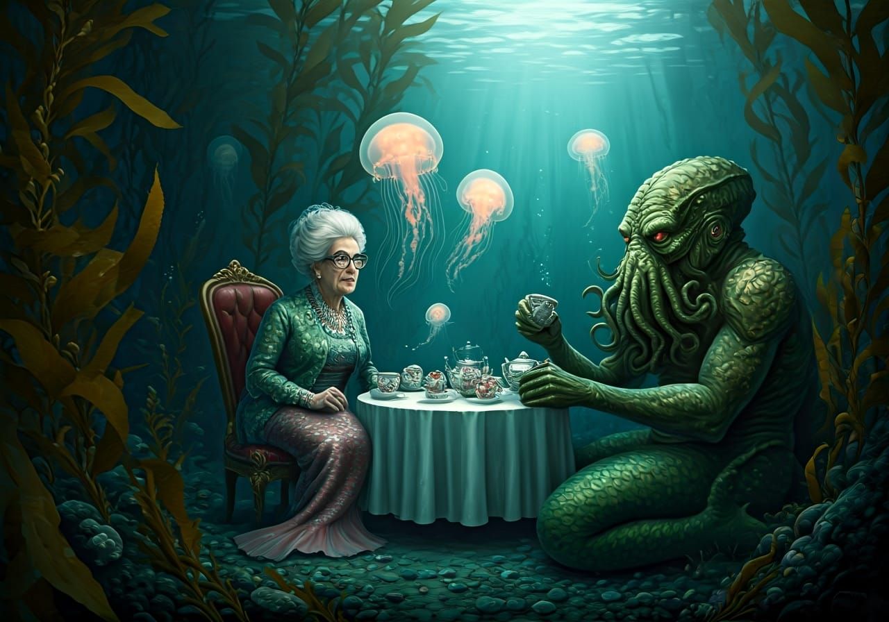 Cthulhu's Tea Party with Mermaid, in Rayyan Style