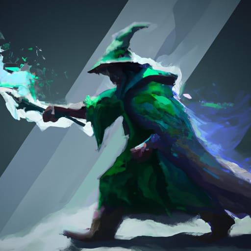 Green Flame Wizard Beneath Glacier as Oil Painting